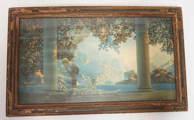 MAXFIELD PARRISH MEDIUM DAYBREAK: MAXWELL PARRISH MEDIUM DAYBREAK ORIGINAL FRAME HAS PAINT LOSS 20 1/4 X 12 1/4 INCLUDING FRAME