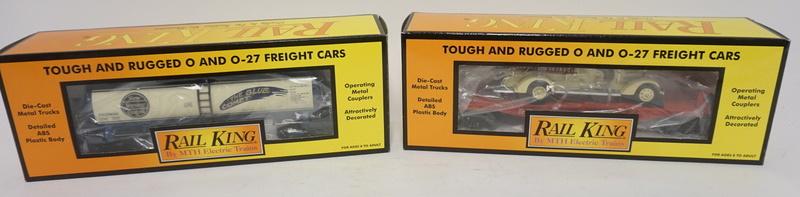 RAIL KING TRAIN CARS: RAIL KING TRAIN CARS, JERSEY CENTRAL FLAT CAR WITH FIRE TRUCK AND JERSEY CENTRAL TANK CAR