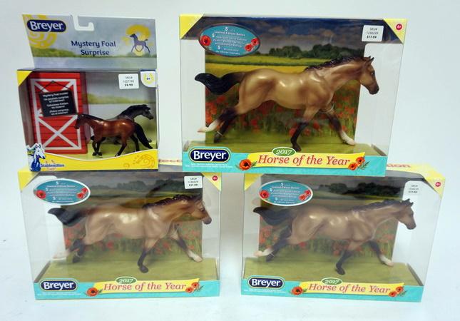 BREYER HORSES LOT OF 4 IN BOXES: BREYER HORSES LOT OF 4 IN BOXES, 2017 HORSE OF YEAR AND MYSTERY FOAL SURPRISE