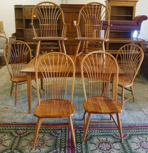 SOLID CHERRY KITCHEN SET: SOLID CHERRY KITCHEN SET WITH 6 WINDSOR STYLE CHIARS AND TABLE WITH PEMBROOK LEGS AND 2 LEAVES. TABLE IS 60 IN WIDE X 42 IN DEEP AND 30 IN HIGH