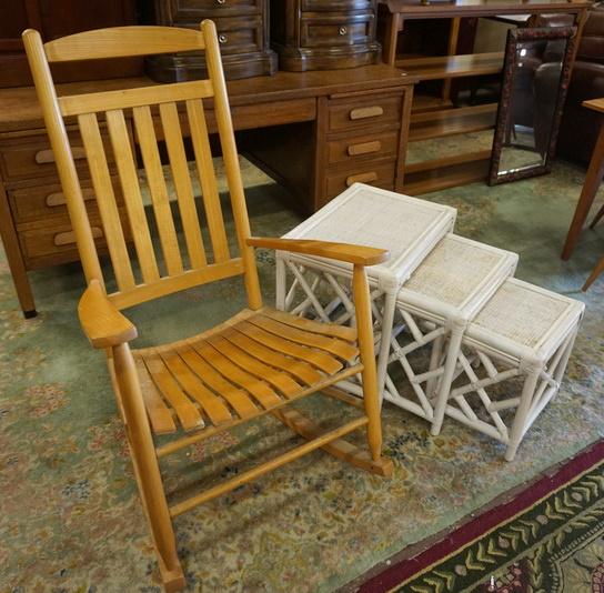 OAK PORCH ROCKER AND NEST OF 3 RATTAN STANDS: OAK PORCH ROCKER AND NEST OF 3 RATTAN STANDS