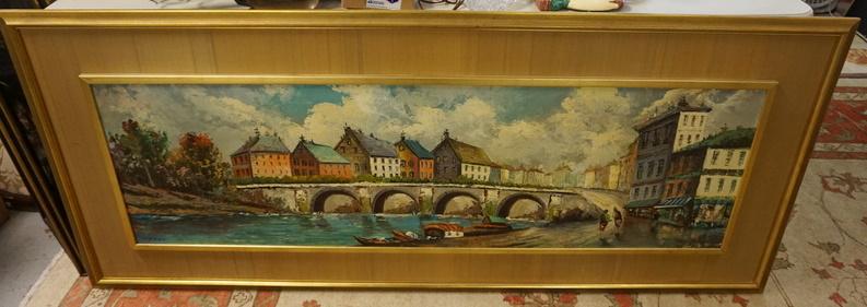 LARGE FRAMED ARTWORK OF VENICE CANAL SIGNED E COLE: LARGE FRAMED ARTWORK OF VENICE CANAL SIGNED E COLE, 73 IN X 31 IN