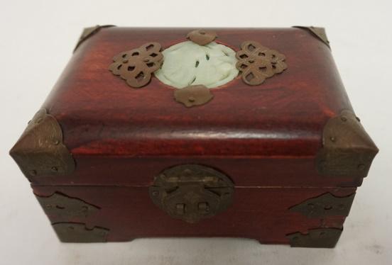 SMALL ASIAN JEWELRY BOX: SMALL ASIAN JEWELRY BOX WITH BRASS MOUNTS AND INSET STONE AT TOP, 5 1/2 IN X 4 IN X 3 1/2 IN