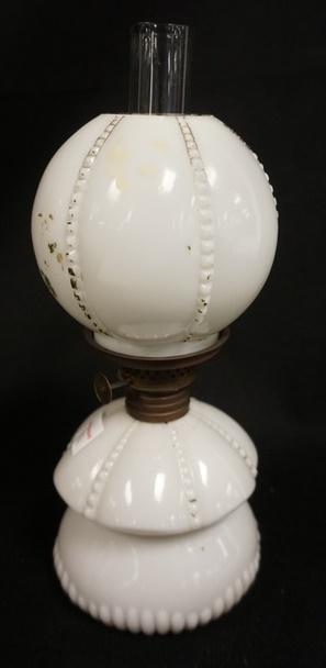 ANTIQUE MILK GLASS MINIATURE KEROSENE LAMP: ANTIQUE MILK GLASS MINIATURE KEROSENE LAMP, 9 1/2 IN HIGH