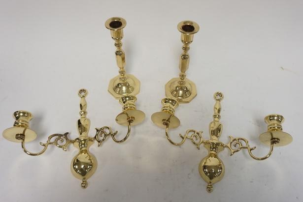 BRASS CANDLES STICKS AND WALL SCONSES: LOT OF BRASS CANDLE STICKS AND WALL SCONSES