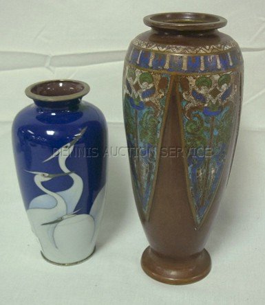LOT; CLOISONNE VASE & CHAMPLEVE VASE; CLOISONNE V: LOT; CLOISONNE VASE & CHAMPLEVE VASE; CLOISONNE VASE HAS STRESS LINES; TALLEST 9 1/2 IN