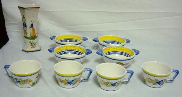 9 PC LOT OF QUIMPER; VASE (8 3/8 IN), 4 CUPS & 4: 9 PC LOT OF QUIMPER; VASE (8 3/8 IN), 4 CUPS & 4 BOWLS (7 1/2 IN ACROSS THE HANDLES)