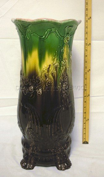 MAJOLICA CLAW FOOT UMBRELLA STAND; CHIPS ON 2 OF : MAJOLICA CLAW FOOT UMBRELLA STAND; CHIPS ON 2 OF THE FEET; 1 1/2 IN TIGHT HAIRLINE ON THE TOP RIM; 22 IN H