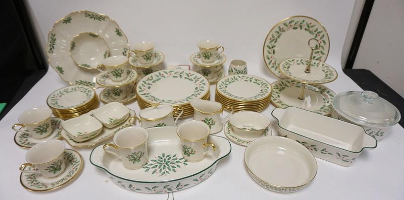 57 PIECE LENOX HOLLY DINNERWARE SET: 57 PIECE LENOX HOLLY DINNERWARE SET; EIGHT FIVE PIECE PLACE SETTINGS PLUS SERVING PIECES ETC. INCLUDES CASSORLE TWO TIER SERVER, CREAM, SUGAR, SANTA SALT & PEPER SHAKER SET ETC. MOST PIECES HAVE ORIGI