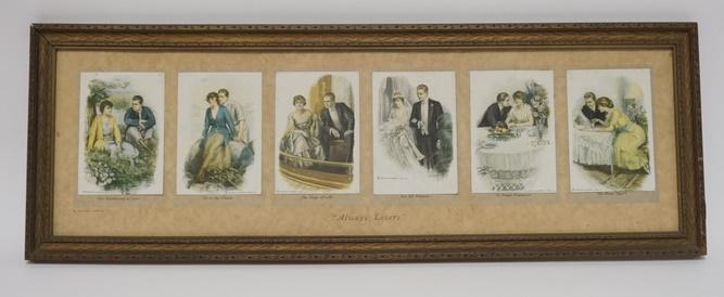 FRAMED POSTCARD SERIES BY LESTER RALPH *ALWAYS LOVERS*: FRAMED POSTCARD SERIES BY LESTER RALPH *ALWAYS LOVERS* SIX POST CARDS PUBLUSHED BY REINTHAL & NEWMAN. DIMENSONS 27 1/4 X 9 3/4 INCLUDING FRAME
