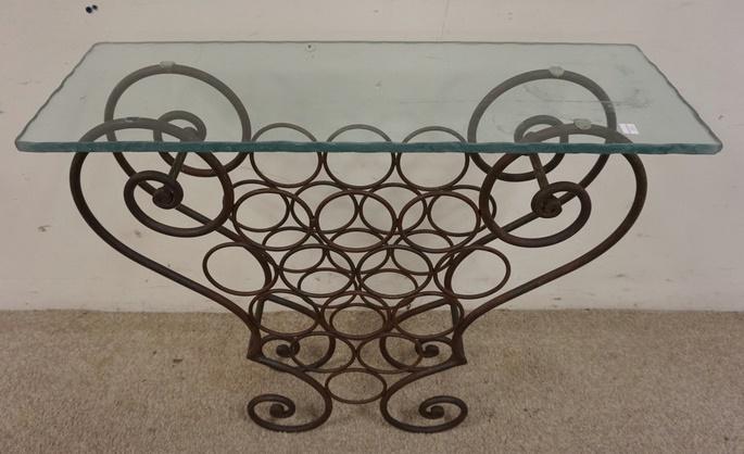WROUGHT IRON TABLE W/WINE RACK BASE: WROUGHT IRON TABLE W/WINE RACK BASE & GLASS TOP, 30 IN WIDE X 10 IN DEEP X 27 IN HIGH