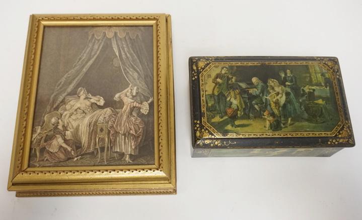 LOT OF 2 BOXES: LOT OF TWO BOXES ONE HAS A FRAMED PRINT & A MIRROR THE OTHER IS A TIN BOX W/ VARIOUS SCENES. LARGEST IS 9 IN X 10 1/4 IN 2 3/4 IN H