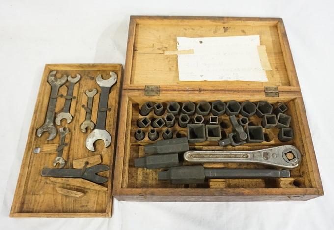 ANTIQUE TOOLS IN FITTED WOODEN BOX: ANTIQUE TOOLS IN FITTED WOODEN BOX W/ WRENCHES & SOCKETS, NOT COMPLETE