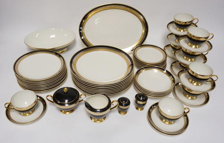61 PIECE GORHAM *MIDNIGHT CONTESSA* DINNERWARE SET: 61 PIECE GORHAM MIDNIGHT *CONTESSA DINNER* DINNERWARE SET, PLATES 10 3/4 IN OVAL PLATTER IS 14 IN