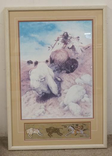 JIM SCHMIDT LIMITED EDITION ARTIST PROOF NATIVE: JIM SCHMIDT LIMINTED EDITION ARTIST PROOF NATIVE AMERICAN BUFFALO HUNTER 1994 AP NO. 53/100 PENCIL SIGNED. 27 1/4 IN X 39 1/4 IN INCLUDING FRAME