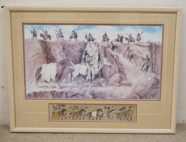 JIM SCHMIDT LIMITED EDITION ARTIST PROOF NATIVE: JIM SCHMIDT LIMITED EDITION ARTIST PROOF NATIVE AMERICAN WAR PARTY AP NO. 53/100 PENCIL SIGNED 36 3/4 IN X 27 3/4 IN INCLUDING FRAME