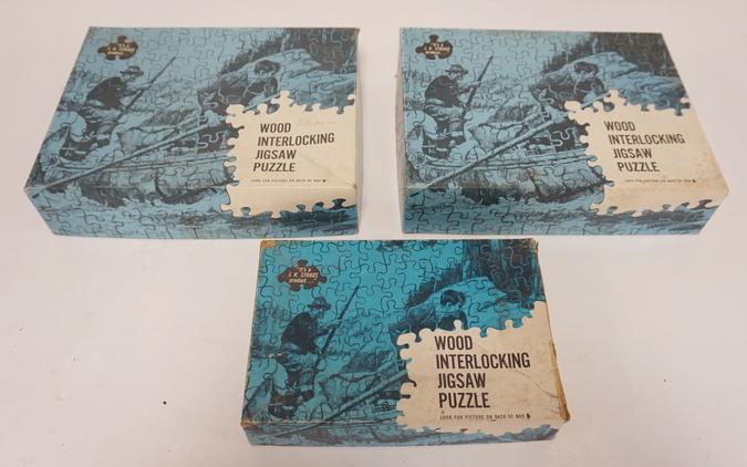 LOT OF 3 J.K STRAUS WOOD JIGSAW PUZZLES IN ORG BOXES: LOT OF THREE J.K STRAUS WOOD JIGSAW PUZZLES IN ORIGINAL BOXES. NUMBER OF PIECES IS NOT KNOWN
