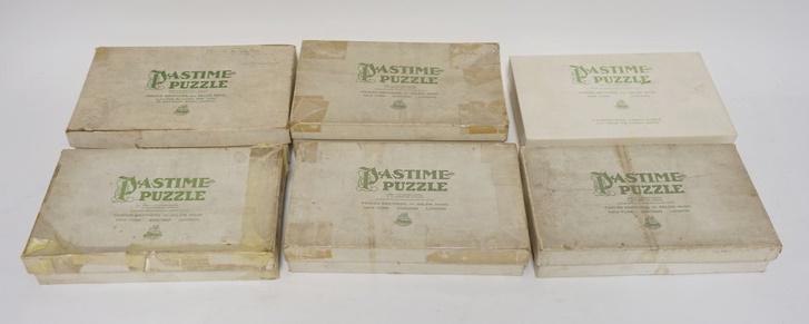 LOT OF 6 *PASTIME PUZZLE* WOOD JIGSAW PUZZLES BY PARKER: LOT OF SIX *PASTIME PUZZLE* WOOD JIGSAW PUZZLES BY PARKER BROTHERS IN ORIGINAL BOXES. NUMBER OF PIECES IS UNCERTAIN