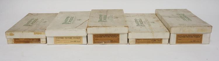 LOT OF 5 *PASTIME PUZZLE* WOOD JIGSAW PUZZLES BY PARKER: LOT OF FIVE *PASTIME PUZZLE* WOOD JIGSAW PUZZLES BY PARKER BROTHERS INC IN ORIGINAL BOXES; *PARADISE OF PETER PAN* *ST. RONALDS TOWER, MECHEIN* *GOTCHA GRAMP* *LEAVING THE KENNELS* & *(FIRST WORD IS I
