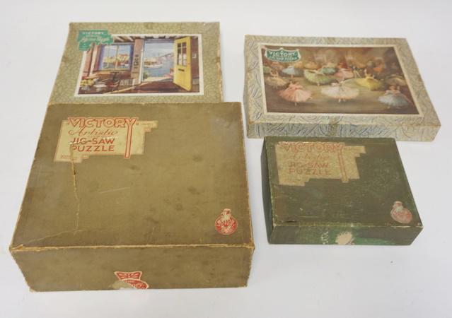 LOT OF 4 WOOD JIGSAW PUZZLES BY VICTORY: LOT OF FOUR WOOD JIGSAW PUZZLES BY VICTORY INCLUDING *FLORAL COTTAGE* & *SILENT SENTINEL* NUMBER OF PIECES IS UNCERTAIN