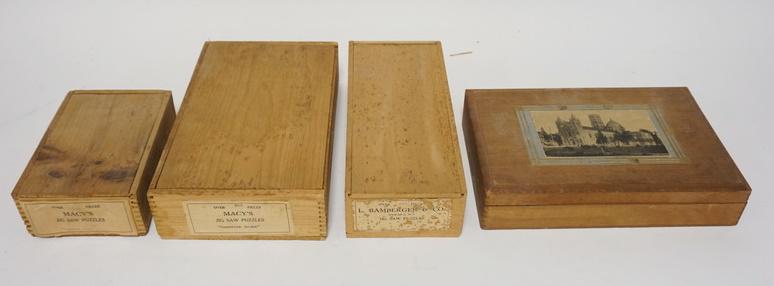 4 WOOD JIGSAW PUZZLES IN WOODEN BOXES MISC MAKERS: LOT OF FOUR WOOD JIGSAW PUZZLES IN WOODEN BOXES INCLUDING TWO FROM MACYS TITLED *SUNSET SEA* & *HOMEWARD BOUND* & ONE FROM L. BAMBERGER & CO. (TITLE IS ILLEGIBLE) NUMBER OF PIECES IS UNCERTIAN