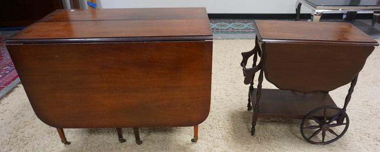 MAHOGANY DROP LEAF TABLE AND TEA CART: MAHOGANY DROP LEAF TABLE AND TEA CART