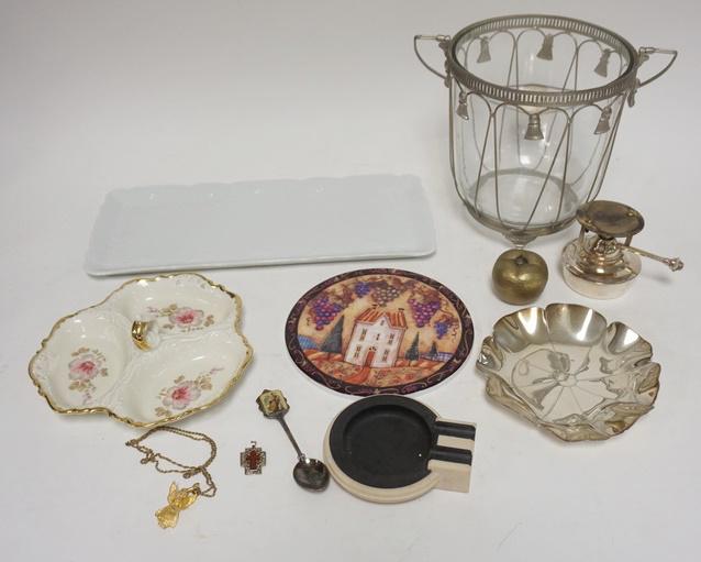 MISC. LOT W/ ICE BUCKET TRAYS ETC.: MISC LOT W/ ICE BUCKET TRAYS ETC. LOT INCLUDES DANSK TRAY, APPLE PAPERWEIGHT, DECORATED TILE ETC.