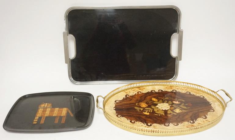 LOT OF 3 TRAYS: LOT OF THREE TRAYS. BESWAY ART DECO ENGLAND 20 7/8 IN X 13 3/4 IN, INLAID ITALIAN TRAY 20 1/4 IN & A COUROC TRAY W/ INLAID CAT 12 1/2 IN