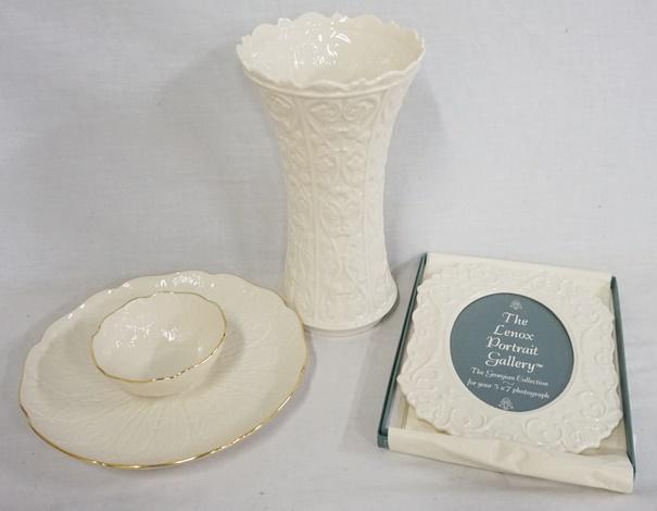3 PIECES OF LENOX: THREE PIECES OF LENOX; 11 IN VASE, PICTURE FRAME & CHIP & DIP DISH
