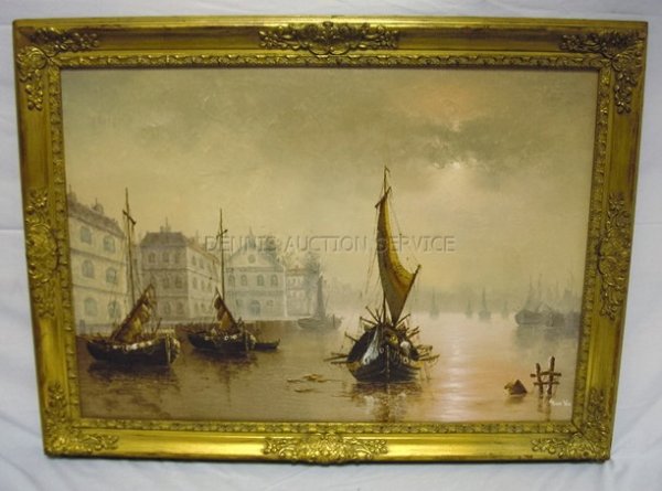 O/C VENETIAN SCENE SIGNE GENE VAN IN GILT FRAME; : O/C VENETIAN SCENE SIGNE GENE VAN IN GILT FRAME; HAS A PUNCTURE IN THE LOWER RIGHT CORNER; 24 IN X 36 IN