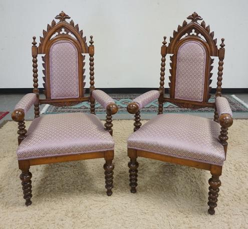 PAIR OF VICTORIAN GOTHIC STYLE CARVED WALNUT CHAIRS: PAIR OF VICTORIAN GOTHIC STYLE CARVED WALNUT CHAIRS W/TURNED LEGS & UNUSUAL TURNED BALL HAND RESTS