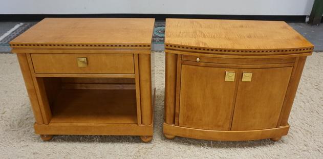 HICKORY WHITE 2 MODERN STYLE NIGHT STANDS: HICKORY WHITE 2 MODERN STYLE NIGHT STANDS W/BANDED EDGE TOPS, ONE W/PULL OUT SURFACE, ONE KNOB MISSING, 26 IN WIDE X 17 IN DEEP X 24 IN HIGH