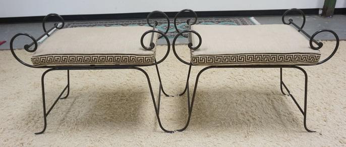 2 WROUGHT IRON BENCHES: 2 WROUGHT IRON BENCHES W/GREEK KEY PATTERN UPHOLSTERY CUSHIONS, 36 IN WIDE X 17 IN DEEP X 27 IN HIGH