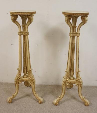PAIR OF ORNATE GILT ACCENTED PEDISTALS: PAIR OF ORNATE GILT ACCENTED PEDISTALS, 49 IN HIGH X 13 IN ROUND