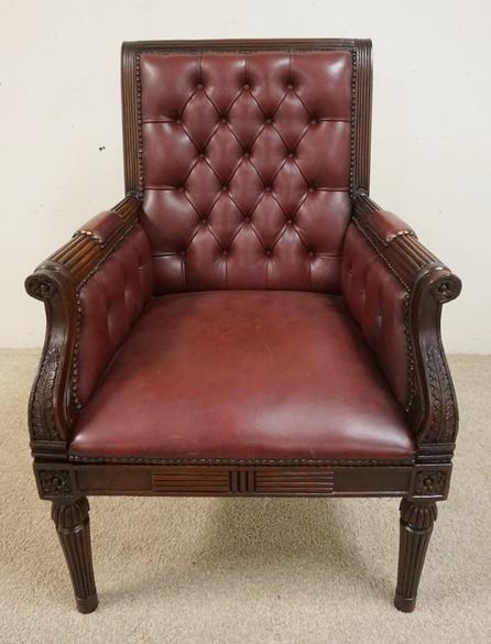 MAROON TUFTED LEATHER ARM CHAIR: MAROON TUFTED LEATHER ARM CHAIR W/REEDED LEGS & CARVED ARMS