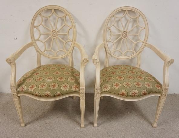 PAIR OF ARM CHAIRS: PAIR OF ARM CHAIRS W/SPIDER WEB BACK DESIGN & UPHOLSTERED SEATS