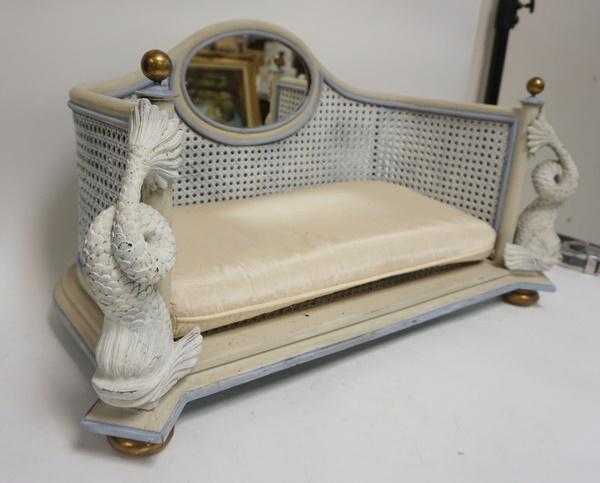 DOUBLE CANED MIRROR BACK W/CARVED DOLPHINS PET DAY BED: DOUBLE CANED MIRROR BACK W/CARVED DOLPHINS PET DAY BED, 29 1/2 IN WIDE X 15 IN DEEP X 14 IN HIGH