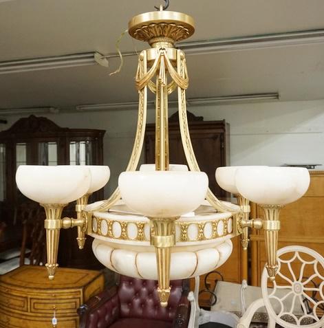 GILT BRONZE & ALBASTER CHANDELIER: GILT BRONZE & ALBASTER CHANDELIER, GILT BRONZE 6 ALABASTER SHADES & AN ALABASTER CENTER DOME, HAS DRAPE DESIGN ON THE TOP, APPROXIMATELY 33 IN WIDE X 32 IN HIGH