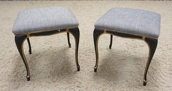 PAIR OF UPHOLSTERED STOOLS: PAIR OF UPHOLSTERED STOOLS, BASE METAL W/GOLD TRIM ACCENTS, 17 IN X 17 IN X 17 IN