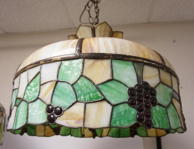 LARGE ANTIQUE STAINED LEADED GLASS HANGING DOME: LARGE ANTIQUE STAINED LEADED GLASS HANGING DOME W/GRAPE CLUSTERS, APPROXIMATELY 22 IN WIDE X 18 IN HIGH