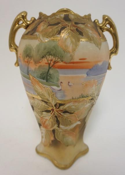 HAND PAINTED NIPPON VASE W/GREEN WREATH MARK: HAND PAINTED NIPPON VASE W/GREEN WREATH MARK, 8 1/4 IN