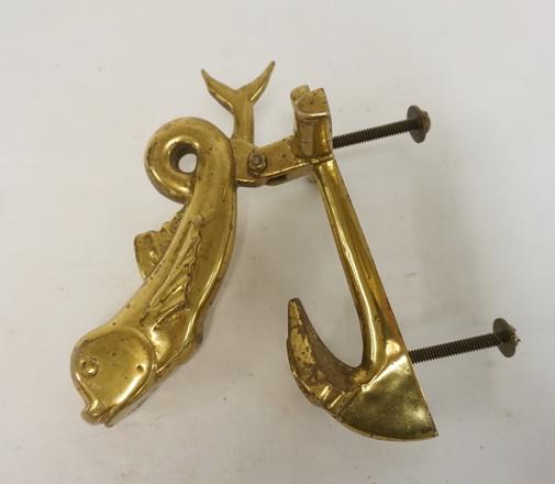 LARGE BRASS NAUTICAL DOOR KNOCKER: LARGE BRASS NAUTICAL DOOR KNOCKER W/WHALE & ANCHOR, 8 IN HIGH