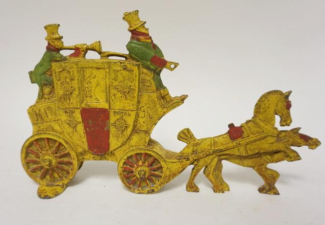 VINTAGE CAST IRON ENGLISH COACH DOOR STOP: VINTAGE CAST IRON ENGLISH COACH DOOR STOP, 13 IN X 7 1/2 IN