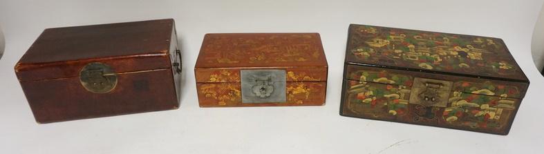 GROUP OF 3 LACQUERED ASIAN BOXES: GROUP OF 3 LACQUERED ASIAN BOXES, LARGEST IS 13 IN X 7 IN X 5 1/4 IN