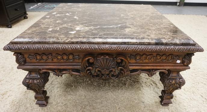 ETHAN ALLEN MARBLE TOP COFFEE COCKTAIL TABLE: ETHAN ALLEN MARBLE TOP COFFEE COCKTAIL TABLE, 42 IN SQUARE X 22 IN HIGH