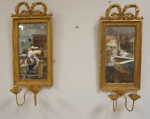 PR OF GILT HANGING MIRROR CANDLE SCONCES: PR OF GILT HANGING MIRROR CANDLE SCONCES, 30 IN HIGH X 11 IN WIDE