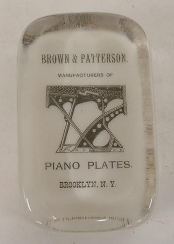 ANTIQUE GLASS PAPERWEIGHT BROWN & PATTERSON PIANO: ANTIQUE GLASS PAPERWEIGHT BROWN & PATTERSON PIANO PLATES BROOKLYN NY