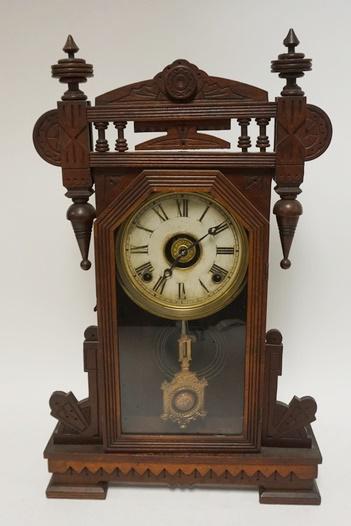 WALNUT VICTORIAN SHELF CLOCK: WALNUT VICTORIAN SHELF CLOCK, 21 2/4 IN HIGH X 13 1/2 IN WIDE