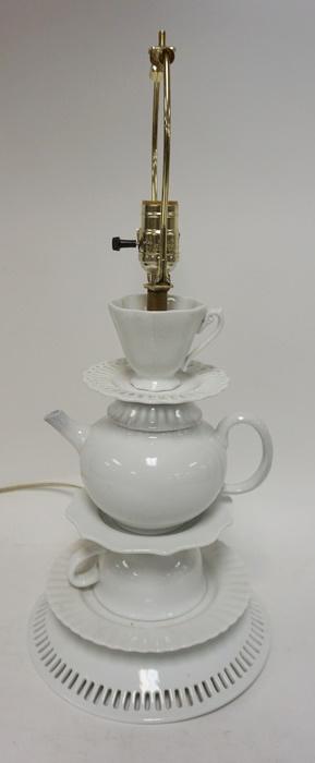 UNUSUAL TEA SET TABLE LAMP: UNUSUAL TEA SET TABLE LAMP, 22 1/2 IN HIGH