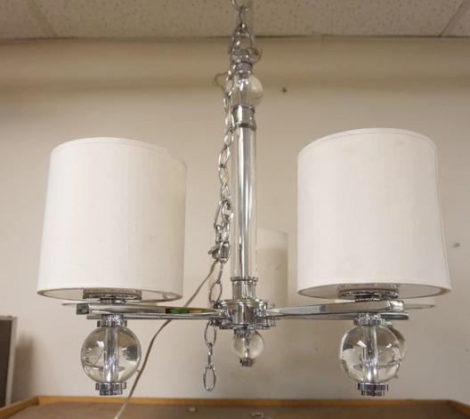 MID CENTURY MODERN CHROME & LUCITE HANGING FIXTURE: MID CENTURY MODERN CHROME & LUCITE HANGING FIXTURE, FIXTURE APPROXIMATELY 27 IN